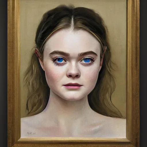 Image similar to professional painting of Elle Fanning in the style of Edward Okuń, head and shoulders portrait, symmetrical facial features, smooth, sharp focus, illustration, intricate, stormy weather, extremely detailed masterpiece,