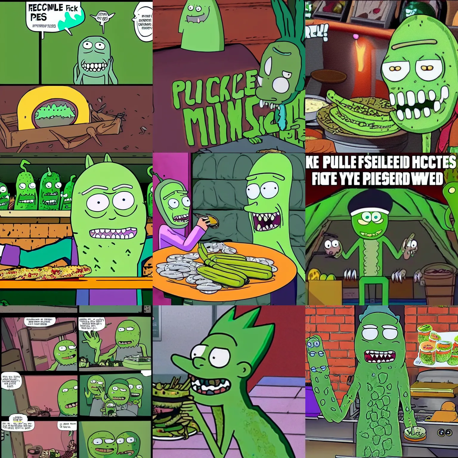 Prompt: pickle rick feeds the homeless