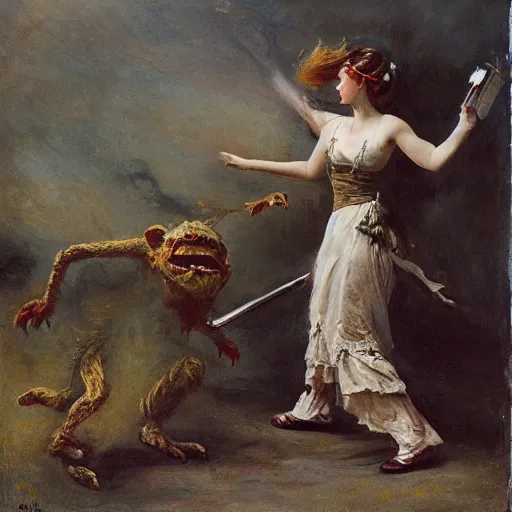 Image similar to young victorian woman fighting a monster, by alfred stevens