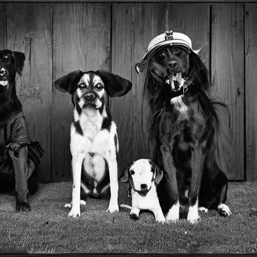 Prompt: black and white vintage portrait of a ragtag team of three dogs as a crew of thieves in a dark steampunk setting