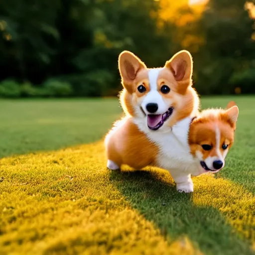 Image similar to 8k highly detailed photograph of the three most adorable Corgi Puppies playing in Central Park, golden hour,