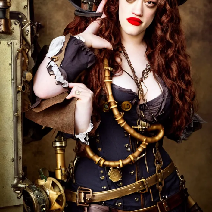 Image similar to full body photograph of kat dennings as a steampunk pirate. Extremely detailed. 8k