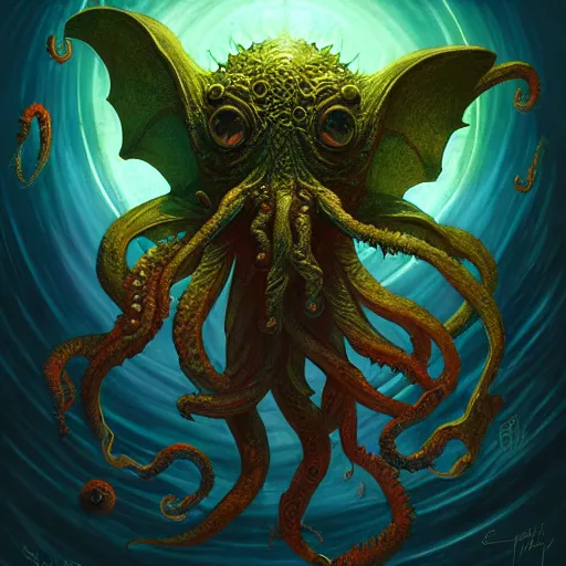 Image similar to an cosmic horror lithograph of chibi cthulhu, by stanley artgerm lau, wlop, rossdraws, james jean, andrei riabovitchev, marc simonetti, and sakimichan, tranding on artstation