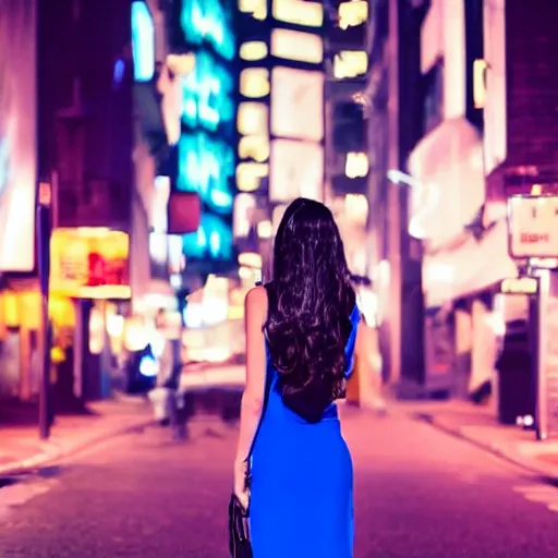 Prompt: a beautiful woman in a blue dress standing on a bustling cyberpunk city street at night