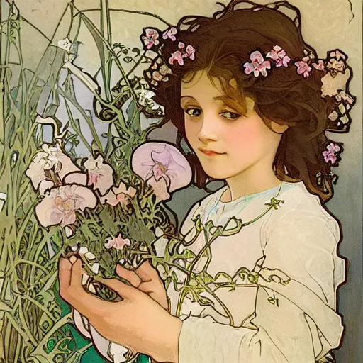 Image similar to art nouveau painting by Alphonse Mucha of a little girl with curly brown hair framed by flowers. Soft, muted colors, dreamy aesthetic.