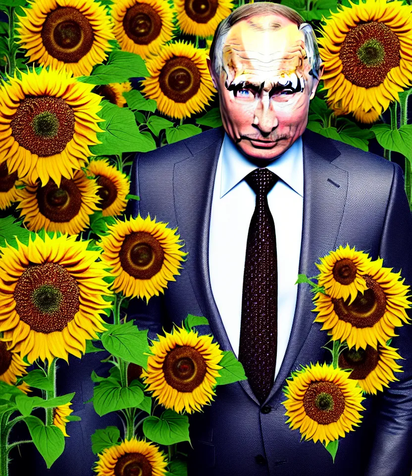 Image similar to photo portrait of Vladimir Putin - sunflowers - dressed in leisure suit with sunflower pattern and tombstone for a tie, natural skin tone, highly detailed realistic flowers ornament on suit, facial wrinkles and brows are intricate with highly detailed realistic flowers, elegant, Realistic, Refined, Highly Detailed, natural soft pastel lighting colors scheme, fine art photography by Cecil Beaton, volumetric lighting, hyper realistic photography