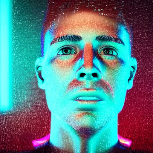 Image similar to a human portrait made out of rain, neon, beautiful, rendered in octane, unreal engine, cinematic