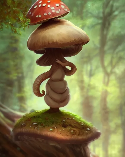 Prompt: concept art of a mushroom creature, wearing tight clothes made of rocks, standing on a log in a forest | | cute - fine - fine details by stanley artgerm lau, wlop, rossdraws, and sakimichan, trending on artstation, brush strokes