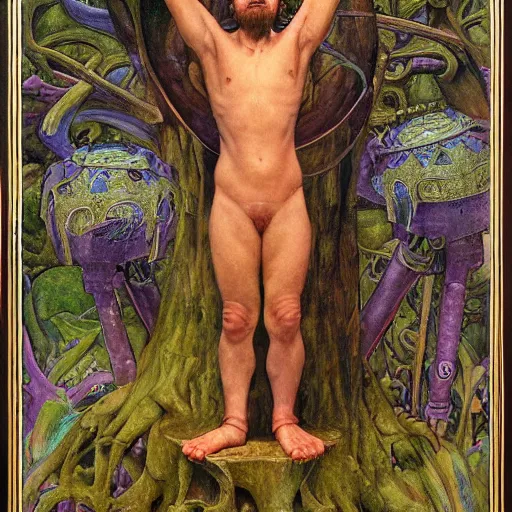 Image similar to robot seizes his forest crown, by Annie Swynnerton and Diego Rivera and Elihu Vedder, symbolist, dramatic lighting, elaborate geometric ornament, tattoos, Art Brut, soft cool colors,smooth, sharp focus, extremely detailed, Adolf Wölfli and Donato Giancola
