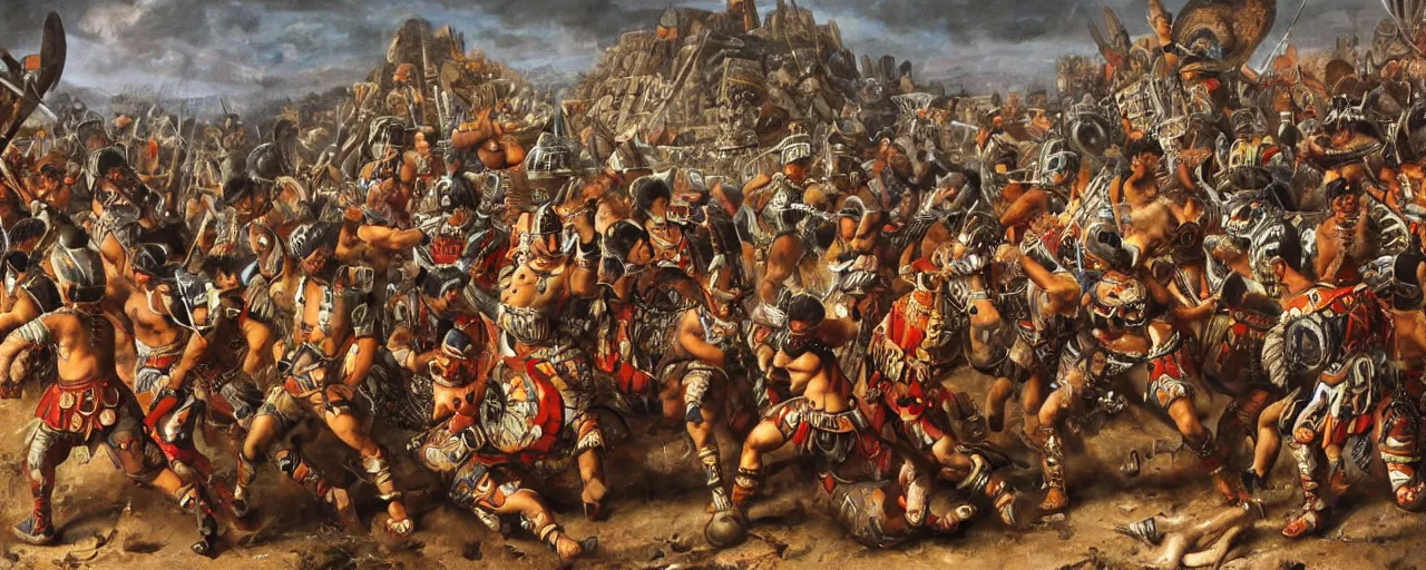 Prompt: spaniards conquerors fighting aztec jaguar warriors between the mexican pyramids, daniel lezama painting style, hyperrealistic, highly detailed