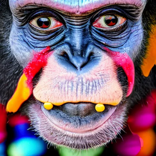 Prompt: a photo of a monkey with ( ( clown paint ) ), sidelit, a stock photo by paul harvey, shutterstock contest winner, neo - primitivism, creative commons attribution, behance hd, freakshow