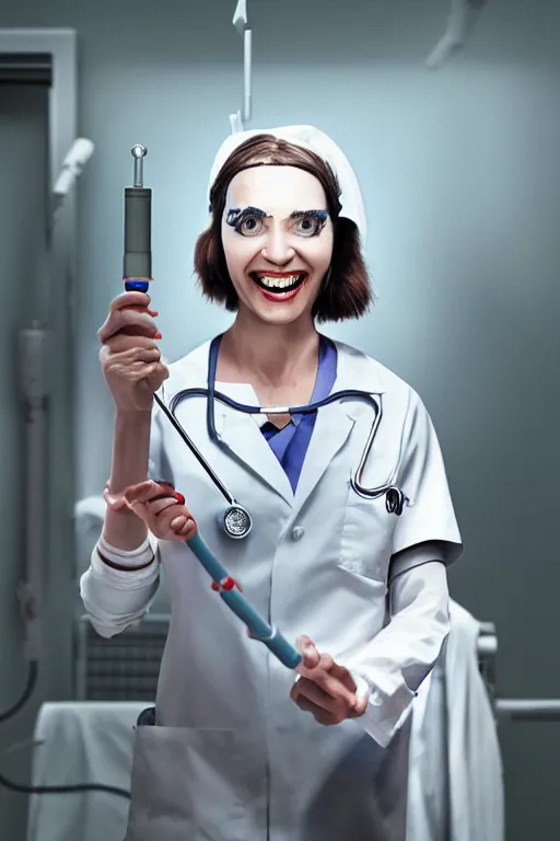 Image similar to manic grinning demon nurse holding syringe in spooky hospital room, character concept art, 8 k, photorealistic, highly detailed, weta digital