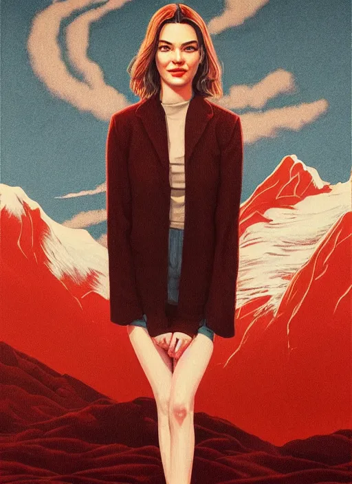 Prompt: twin peaks movie poster art, portrait of a smiling kendall jenner, from scene from twin peaks, clean, simple illustration, nostalgic, domestic, highly detailed, digital painting, artstation, concept art, smooth, sharp focus, illustration, artgerm, donato giancola, joseph christian leyendecker, wlop