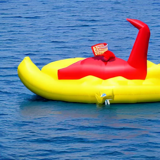 Prompt: large inflatable Donald Trump styled boat off the coast, dslr photo, telephoto lens, 80mm