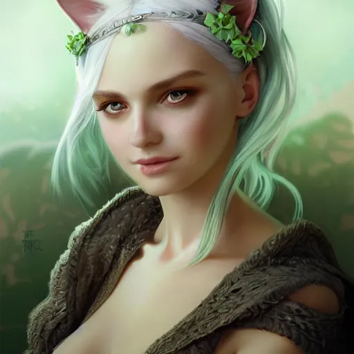 Image similar to ultra realistic illustration, dream girl with white hair, with light green eyes, with cat ears, in a sundress, intricate, elegant, highly detailed, digital painting, artstation, concept art, smooth, sharp focus, illustration, art by artgerm and greg rutkowski and alphonse mucha