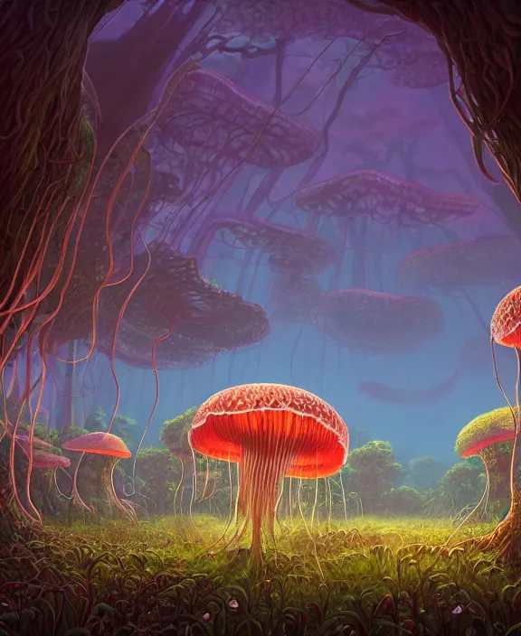 Prompt: a huge schoolhouse made from jellyfish, overgrown with huge exotic fungus, deep in the woods, noon, sun drenched, partly cloudy, by dan mumford, yusuke murata, makoto shinkai, ross tran, cinematic, unreal engine, cel shaded, featured on artstation, pixiv