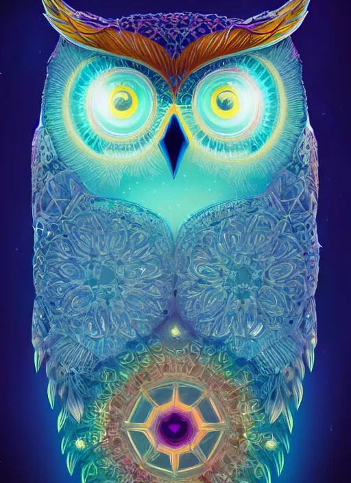 Image similar to symmetry!! product render poster vivid colors divine proportion owl, ice and snow, glowing fog intricate, elegant, highly detailed, digital painting, artstation, concept art, smooth, sharp focus, illustration,