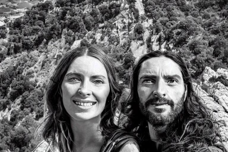 Image similar to an extreme close - up photo of jesus and mary magdalene standing on a cliff looking over a beautiful landscape in france, rennes - le - chateau, award winning photo, very detailed, very realistic cinematic