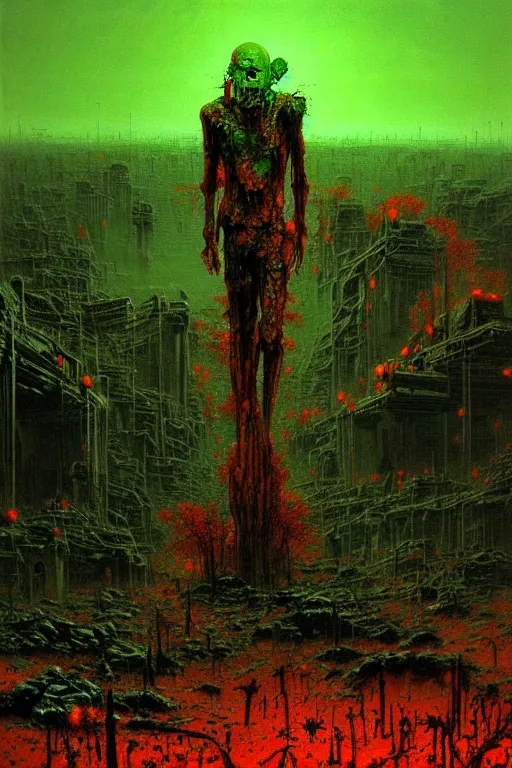 Prompt: glowing green alien crystals irradiating zombie infested city, orange and red wasteland, survival post - apocalyptic, ruined tanks, beksinski, dark sci - fi