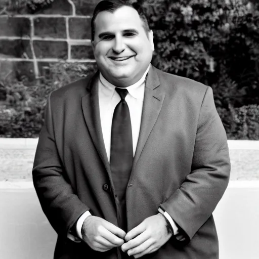 Image similar to clean - shaven smiling white chubby italian american man in his 4 0 s wearing a brown long overcoat and necktie holding a giant burger, 2 0 0 0 avertising promo shot