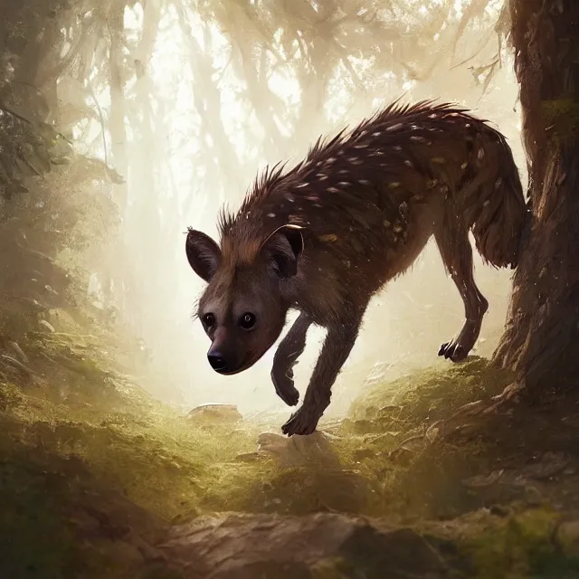 Image similar to a beautiful painting of a cute brown hyena in a forest. disney character design by cory loftis, fenghua zhong, ryohei hase, ismail inceoglu and ruan jia. artstation, volumetric light, detailed, photorealistic, rendered in octane