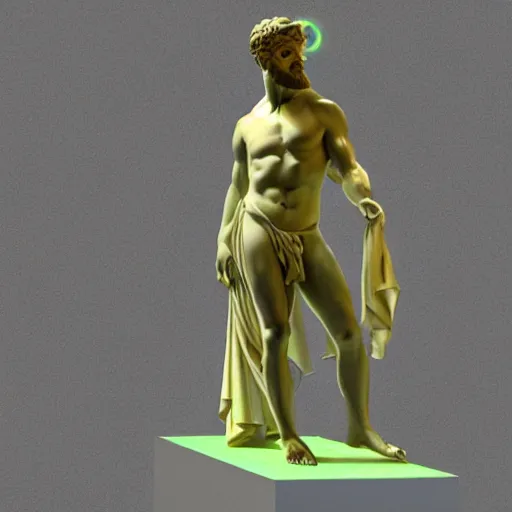 Image similar to a greek god marble statue with a neon ring around the head, 3 d render