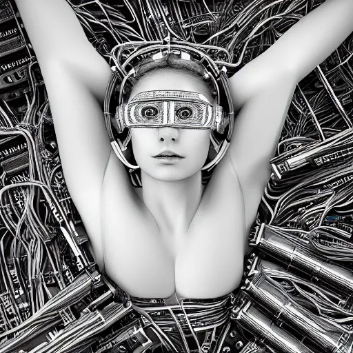 Image similar to tapping in to something greater, piles of modular synth cables, goddess laying down wearing a headpiece made of circuit boards, by cameron gray, wlop, stanley kubrick, masamune, hideki anno, unique perspective, trending on artstation, 3 d render, vivid