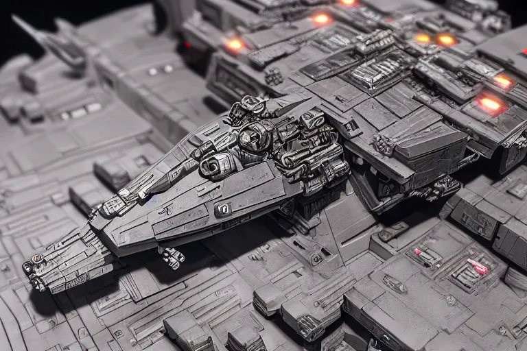 Image similar to closeup greeble detail of imperial start destroyer flying through x-wing fighter intricate hyper-detailed photorealistic 35mm