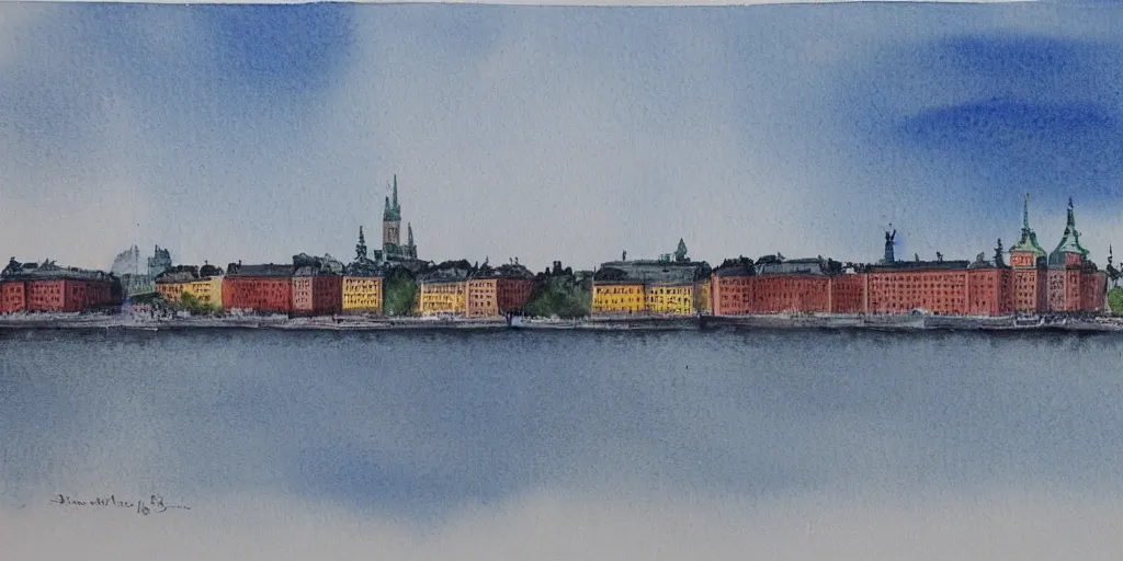 Image similar to Stockholm seen from the sea, realistic watercolour