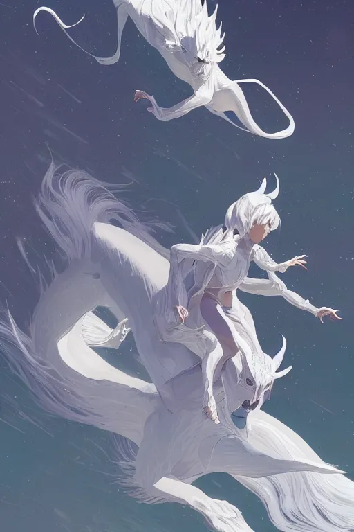 Image similar to vanishing point, white hair eva riding on the white dragon's neck ready to fight, by victo ngai and makoto shinkai, partner, global illumination, radiant light, minimalist, unreal engine 5, concept art ，, digital painting, artstation, smooth, sharp foccus, artstation hq