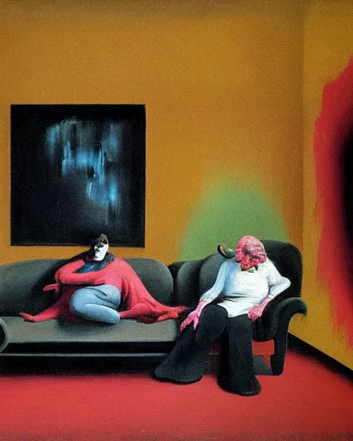 Image similar to old dead couple sitting on a couch and a dark figure crying in the corner with clouds at red and yellow art deco interior room in the style of Francis Bacon and Syd Mead, open ceiling, highly detailed, painted by Francis Bacon and Edward Hopper and Beksiński, painted by James Gilleard, surrealism, airbrush, very coherent, triadic color scheme, art by Takato Yamamoto and James Jean