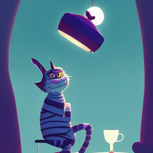 Image similar to cheshire cat drinking tea, in the style of atey ghailan and james gilleard and goro fujita, exquisite lighting, art, very coherent, trending on artstation