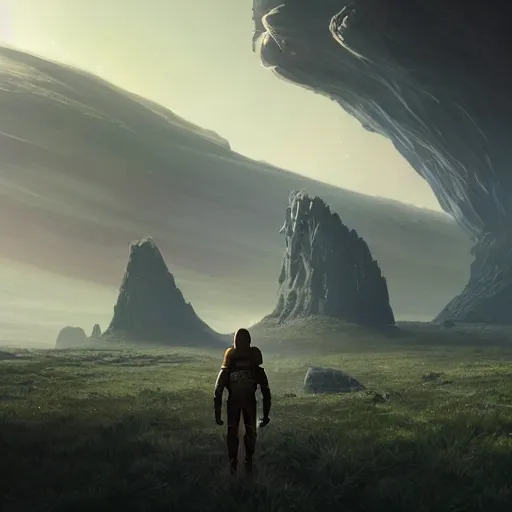 Image similar to A space warrior traveler walking on an alien planet with aliens plants, looking at an alien breathtaking landscape, masterpiece, cinematic lighting, concept art, artstation, matte painting by Greg Rutkowski,