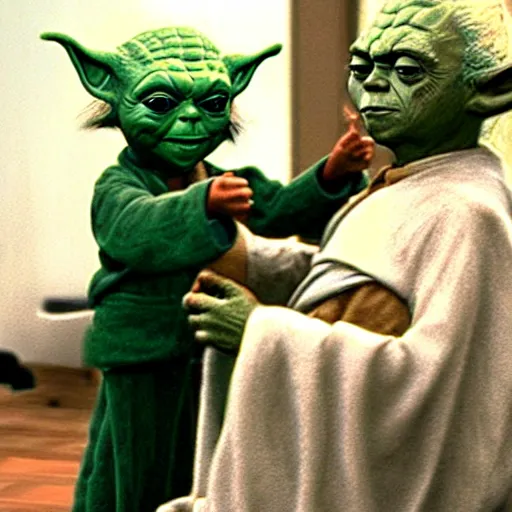 Prompt: the barber cuts yoda