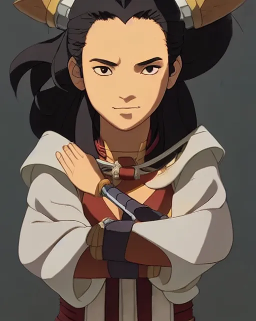 Image similar to katara from avatar as an azctec warrior, detailed perfect face, exquisite details, fire magic, mid view, design on a white background, by studio muti, greg rutkowski makoto shinkai takashi takeuchi studio ghibli