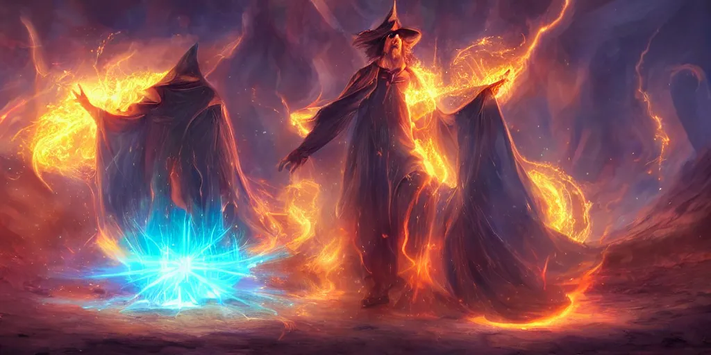 Prompt: wizard in front of magical explosion, cards, cards, 5 2 card pickup, fantasy, digital art, concept art, 8 k