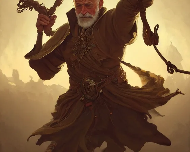 Prompt: old man doing a cartwheel, deep focus, d & d, fantasy, intricate, elegant, highly detailed, digital painting, artstation, concept art, matte, sharp focus, illustration, hearthstone, art by artgerm and greg rutkowski and alphonse mucha