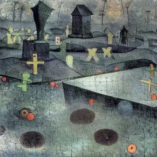 Image similar to the photograph shows a grave that has been flooded with water. the grave is located in a cemetery in italy. the water in the grave is dirty and there is trash floating in it. the grave is surrounded by a fence. motion blur by paul klee, by h. r. ( hans ruedi ) giger serene