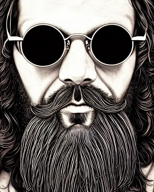 Prompt: detailed hipster skinny man with vrsunglasses, long vibrant beard, dmt, by james gurney + intricate and vibrant work + portrait + trending on artstation + incredible gothic illustration + exquisite detail