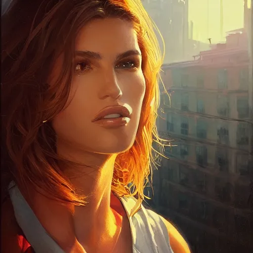 Prompt: a closeup portrait of a young cindy crawford, dramatic light, city background, sunset, high contrast, sharp, painted by stanley lau, painted by greg rutkowski, painted by stanley artgerm, digital art, trending on artstation