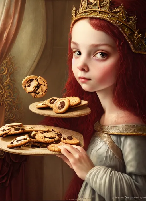 Image similar to highly detailed closeup portrait of a fairytale medieval princess eating chocolate cookies, unreal engine, nicoletta ceccoli, mark ryden, lostfish, earl norem, global illumination, god rays, detailed and intricate environment