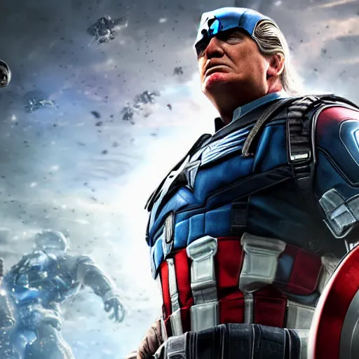 Image similar to portrait of donald trump as captain america in gears of war, splash art, maga, patriot, movie still, cinematic lighting, dramatic, glowing, ray tracing, octane render, long lens, shallow depth of field, bokeh, anamorphic lens flare, 8 k, hyper detailed, 3 5 mm film grain