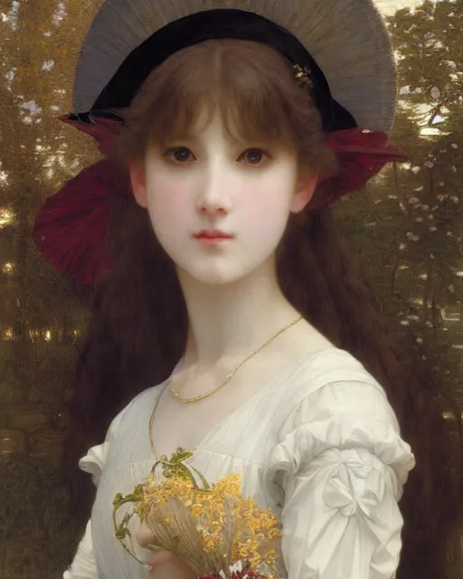 Image similar to beautiful anime style girl, she is standing in the middle of a palace, realistic painting, by Edgar Maxence and William-Adolphe Bouguereau