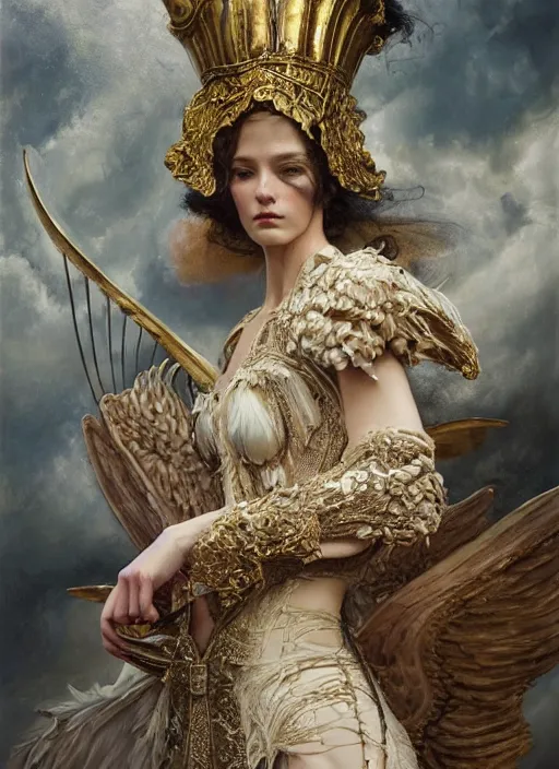 Prompt: highly detailed oil painting | very intricate | cinematic lighting | award - winning | swan warrior high couture by alexander mcqueen | by roberto ferri, by tom bagshaw, by j. c. leyendecker and klimt, american romanticism, by austin osman spare, artstation, cgsociety, official art, octane