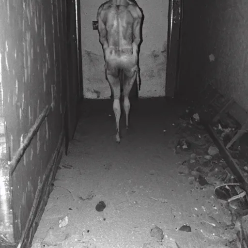 Image similar to hi - 8 night vision camera found - footage of a barely visible, bipedal minotaur, shrouded in darkness at the end of an extremely dark, unlit hallway in a basement of an abandoned house