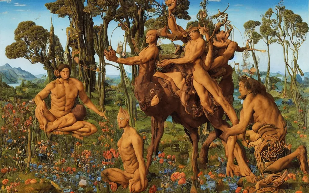 Image similar to a portrait photograph of a meditating satyr and a centaur monk riding a rocket machine and hunting at a river delta. surrounded by bulbous flowers and trees. mountain range under a blue sky of fiery stars. by jan van eyck, max ernst, ernst haeckel, ernst fuchs and artgerm, cgsociety, fashion editorial, 8 k