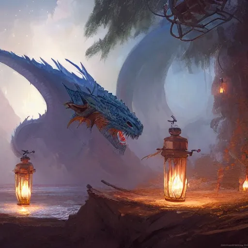 Image similar to Concept art, beautiful painting of a dragon, shining its light among lanterns and fireflies, 8k, james gurney, greg rutkowski, john howe, artstation