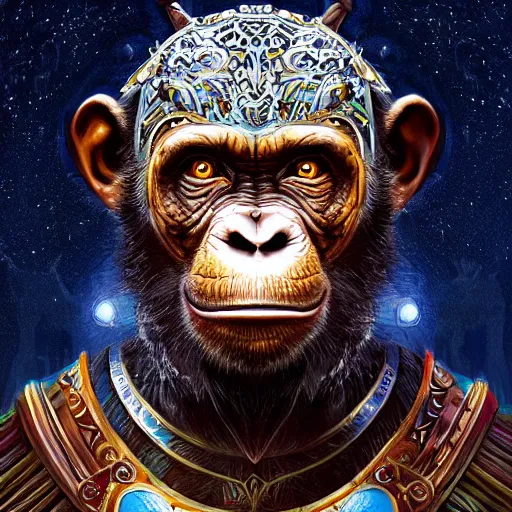 Prompt: portrait of a noble chimpanzee as a paladin in full shining armor with huge beautiful glowing eyes, digital painting, intricate detail, vivid color, neon color, artwork by chris mars + fintan magee + ross tran