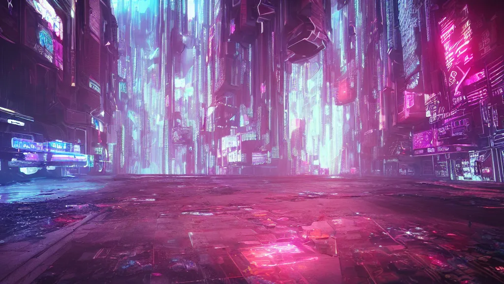 Prompt: otherworldly tear in reality, glitch in reality, rip in space-time in a cyberpunk city, trippy tear in reality, glitched portal to another plane, unreal engine, octane render, extreme detail, etchings and runes, tear in reality in a massive cyberpunk neon city, 8k, sharp details