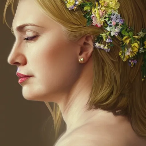 Image similar to side portrait of Hillary Clinton, blond hair, flower crown, white dress, headshot, hyper realistic, pale skin, 4k, rule of thirds, beautiful eyes, extreme detail, detailed drawing, trending artstation, hd, fantasy, D&D, realistic lighting, by Alphonse Mucha, Greg Rutkowski, sharp focus, backlit, elegant